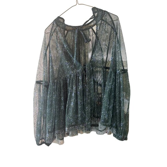 Free People Sheer Floral Blouse SP Green Long Sleeve Back Tie Oversized Boho - Picture 3 of 4